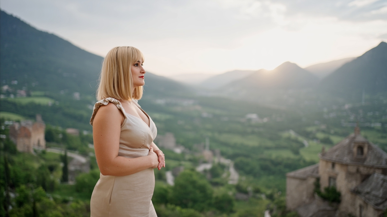 Una persona osserva una valle verde e antichi borghi all'alba